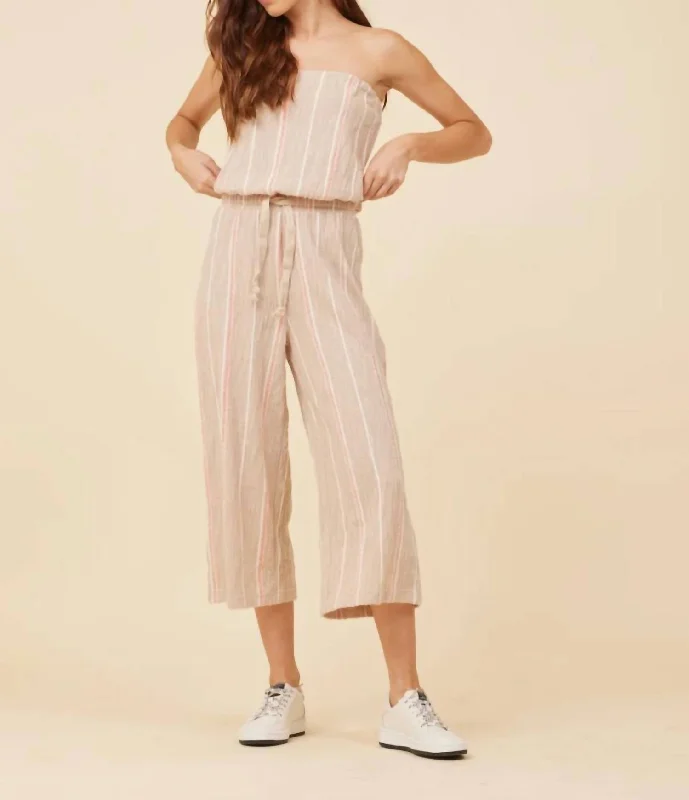 Stripe Textured Jumpsuit In Beige